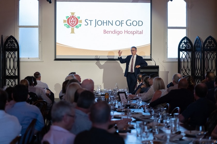 Dr Norman Swan presenting at Mackenzie Quarters for St John of God Bendigo Hospital / Sam D’Agostino SDP Media