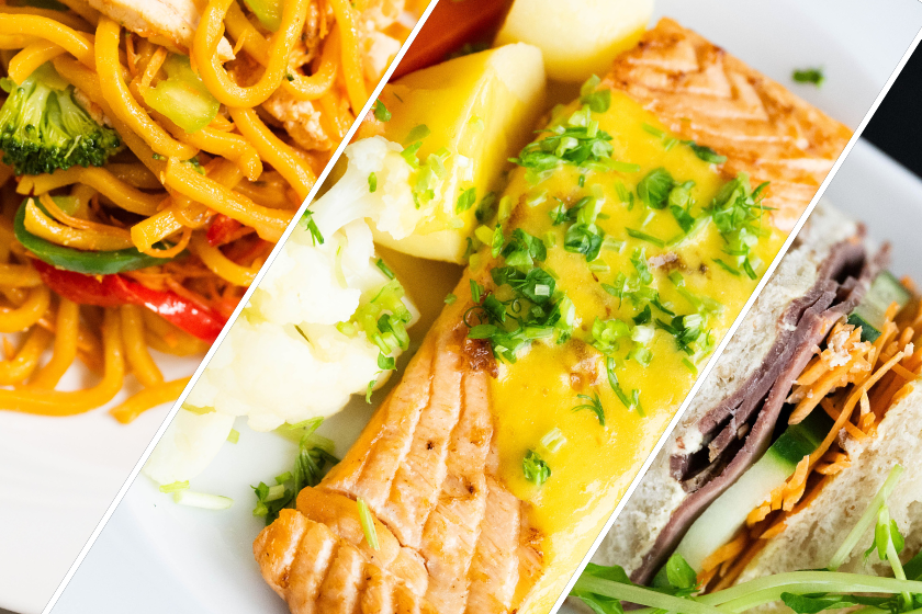 Made to order room service menu items including a stir fry, baked salmon and fresh sandwiches