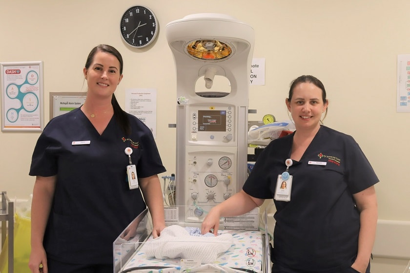Clinical Midwifery Specialists Sara Veness and Sarah Sheehan in a birthing suite at St John of God Murdoch Hospital