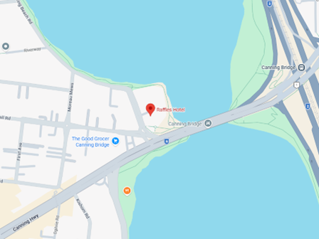 A google maps screenshot showing the location of Raffles House next to Canning Bridge