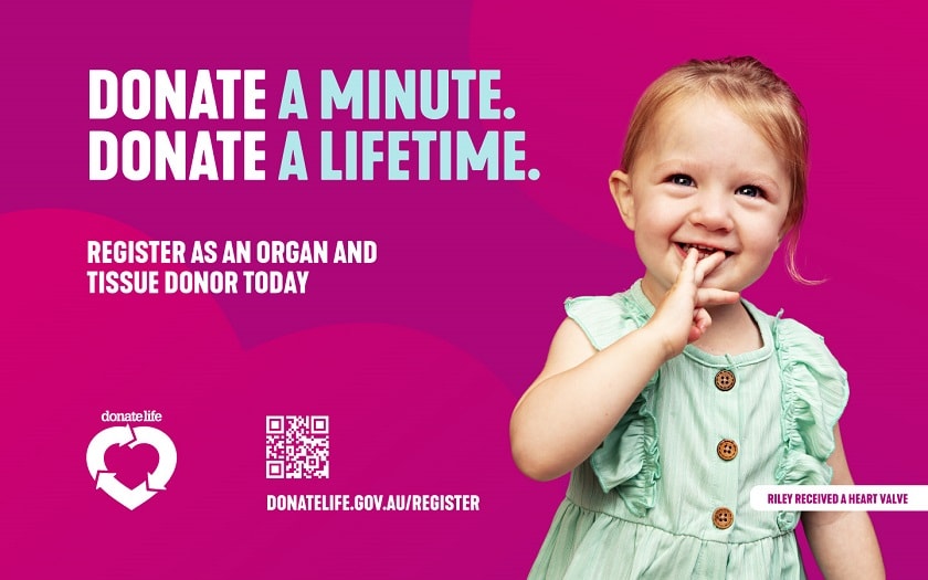DonateLife Week image with young child Riley who received a heart valve