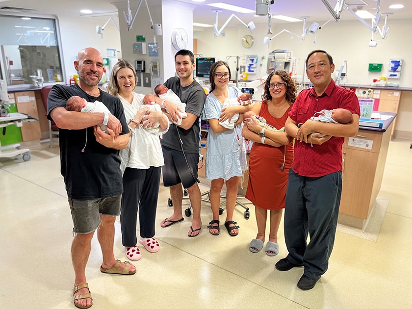 Three sets of twins currently being cared for in St John of God Subiaco Hospital’s onsite Neonatal Intensive Care Unit. L-R: Mark Hewitt and Victoria Sturgeon with babies Maxim and William Hewitt; Phil Nichol and Nicole Mottolini with babies Jack and Alex Nichol; Michelle Britto and Tysun Chan with babies Christopher and Leo Chan.