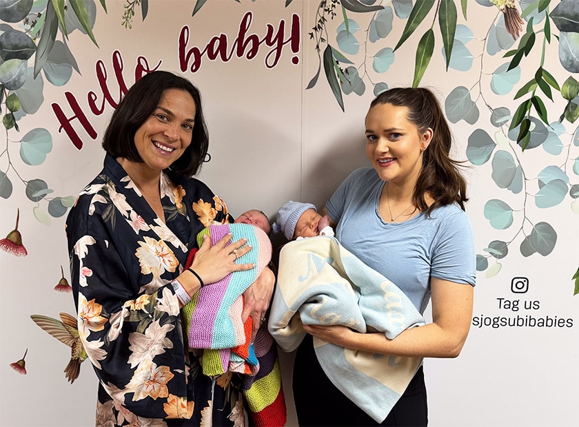 L-R: New mums Alexandra DeSouza with baby Florence, and Annabella Drexel with baby Max.