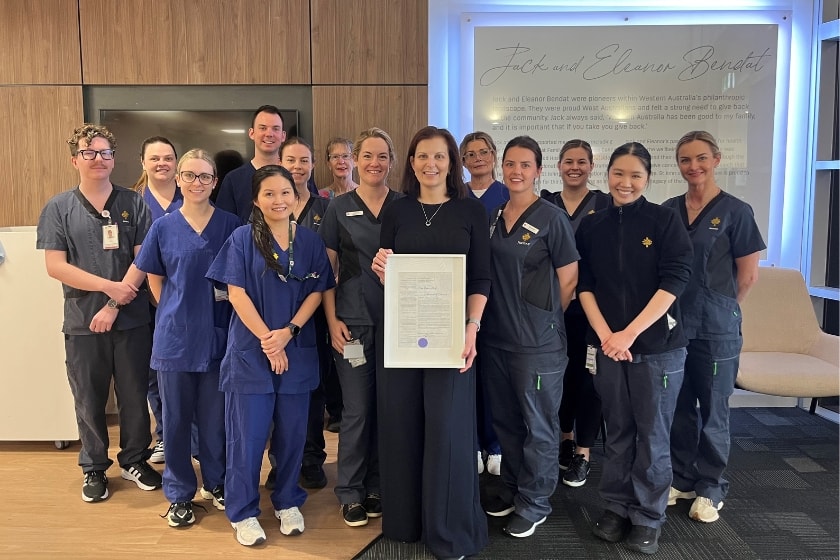 Clinical Pharmacy Specialist Naomi van Hagen and her team at St John of God Subiaco Hospital posing with their award