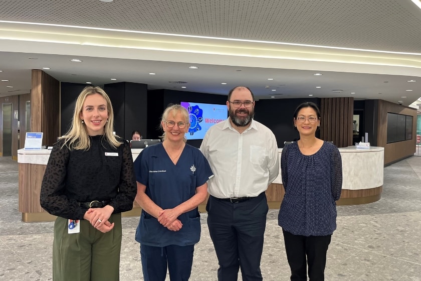 L - R: St John of God Subiaco Hospital Research Operations Manager Dr Natalya Beer, Clinical Nurse Consultant and Researcher Gay Refeld, and Oncologists and Researchers Dr Tim Clay and Dr Daphne Tsoi.