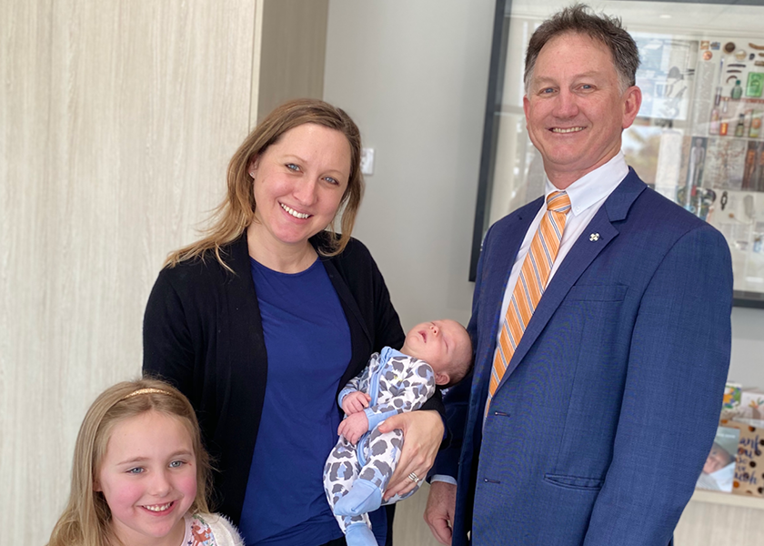 Trial participant Belinda Popovski with her daughter Ellie, newborn Lucas, and St John of God Subiaco Hospital Obstetrician and Head of Gynaecology and Obstetrics Dr Michael Gannon.