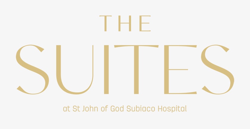 Logo in gold with the words The Suites at St John of God Subiaco Hospital