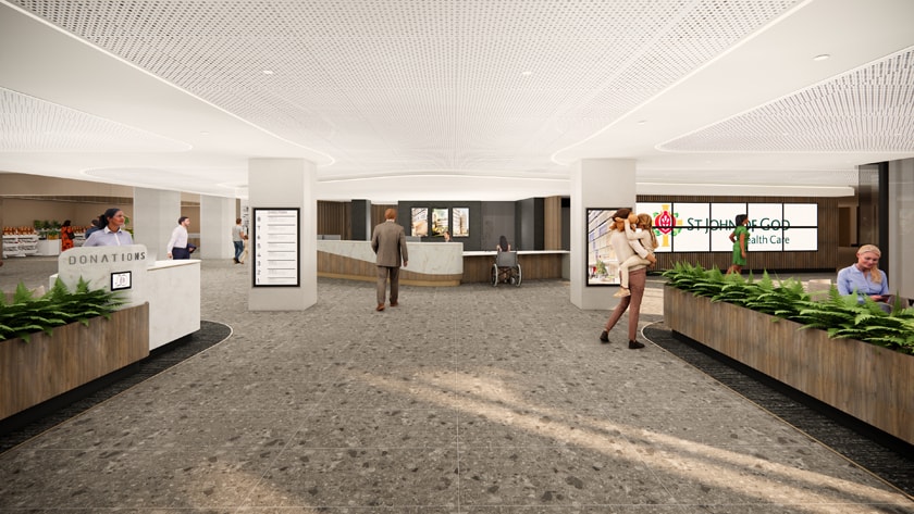 Artists impression showing the proposed upgraded main entrance lobby to St John of God Subiaco Hospital with planter boxes and main desk.