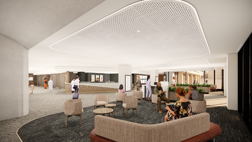 Artists impression showing the proposed upgraded main entrance lobby to St John of God Subiaco Hospital with seating area and main desk.