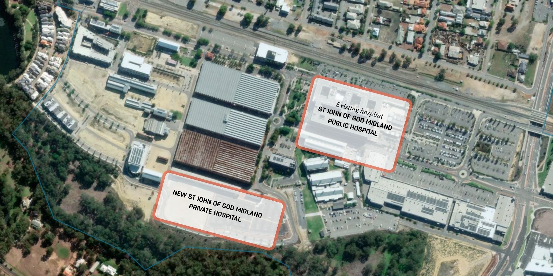 Aerial view of the St John of God Midland Public and Private Hospitals locations.