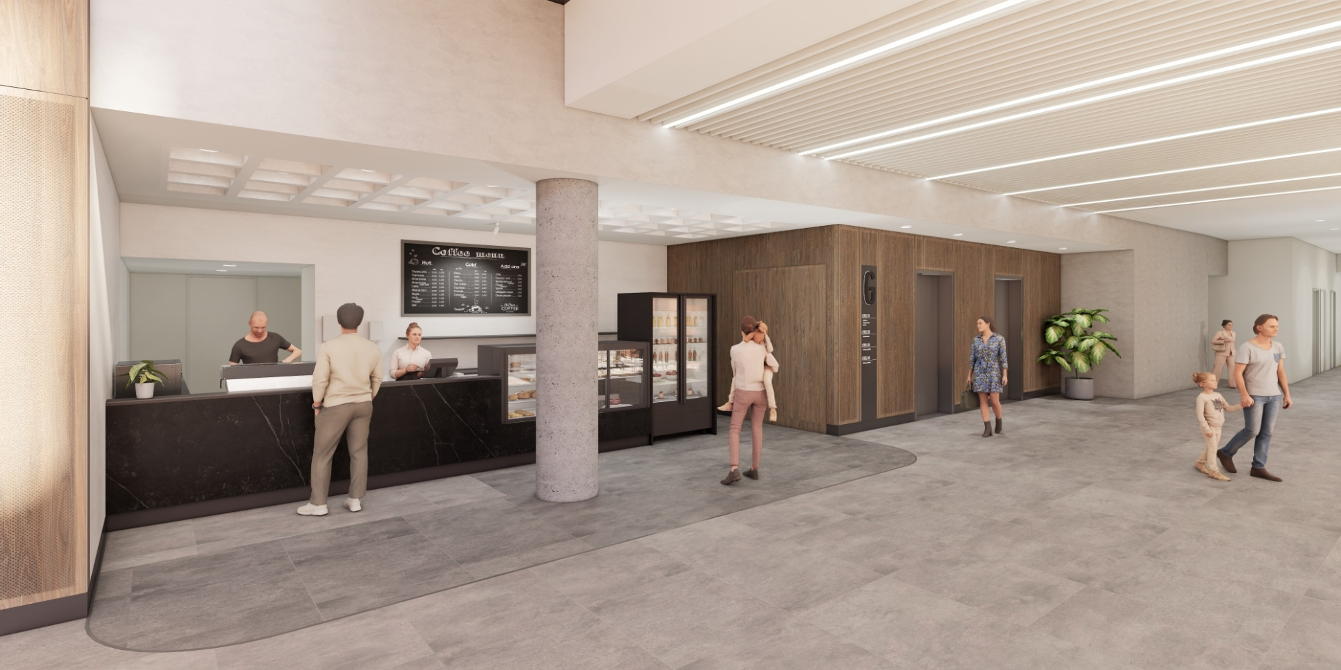 A computer rendering of the new St John of God Midland Private Hospital cafe, showing people ordering items from the cafe.