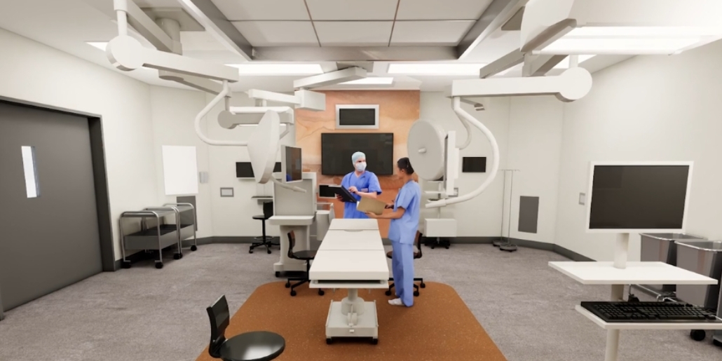 A computer rendering of the new St John of God Midland Private Hospital operating theatre, showing operating room equipment and two caregivers.