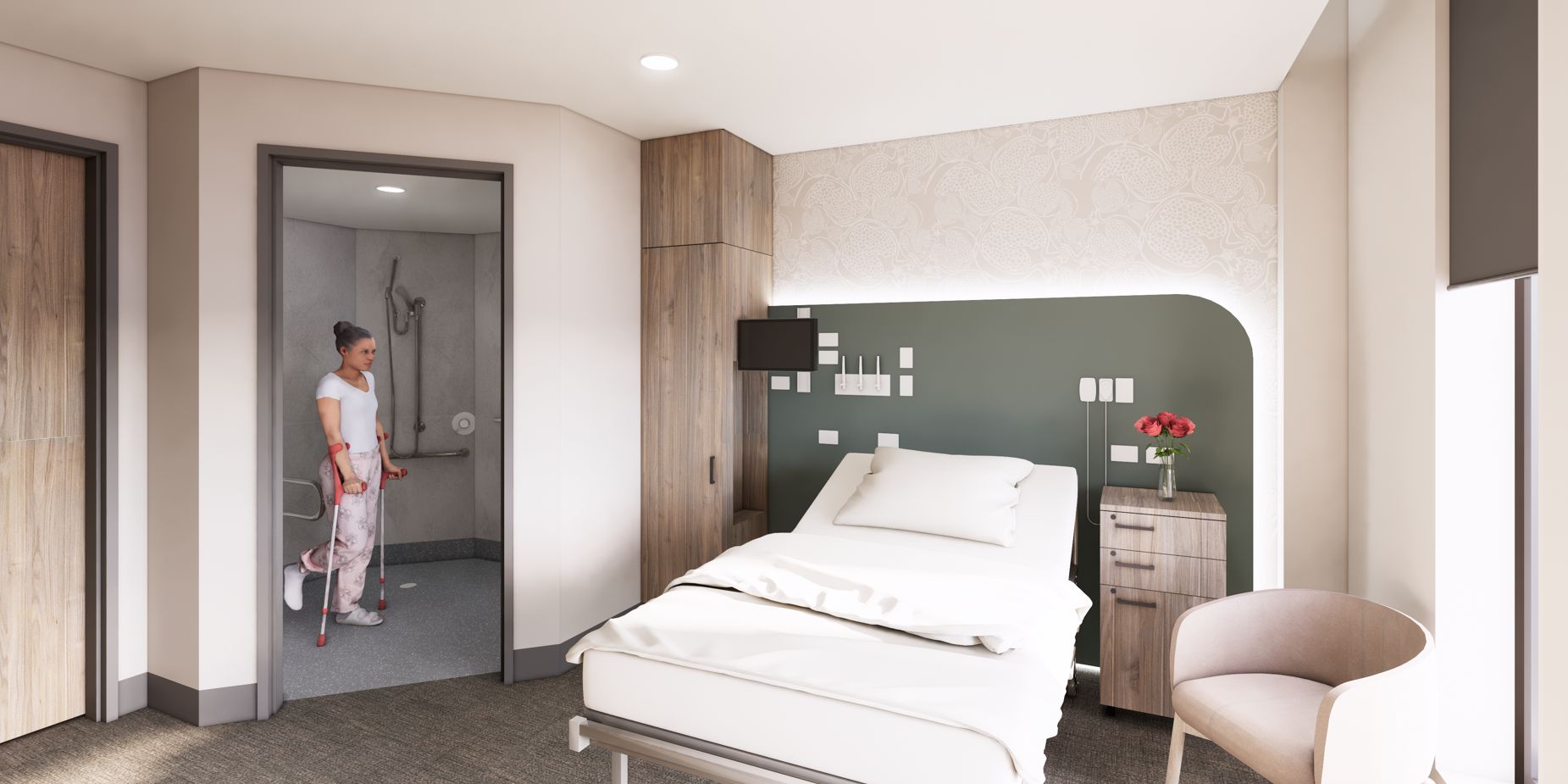A computer rendering of a patient room in the new St John of God Midland Private Hospital showing a bed, bathroom and patient.