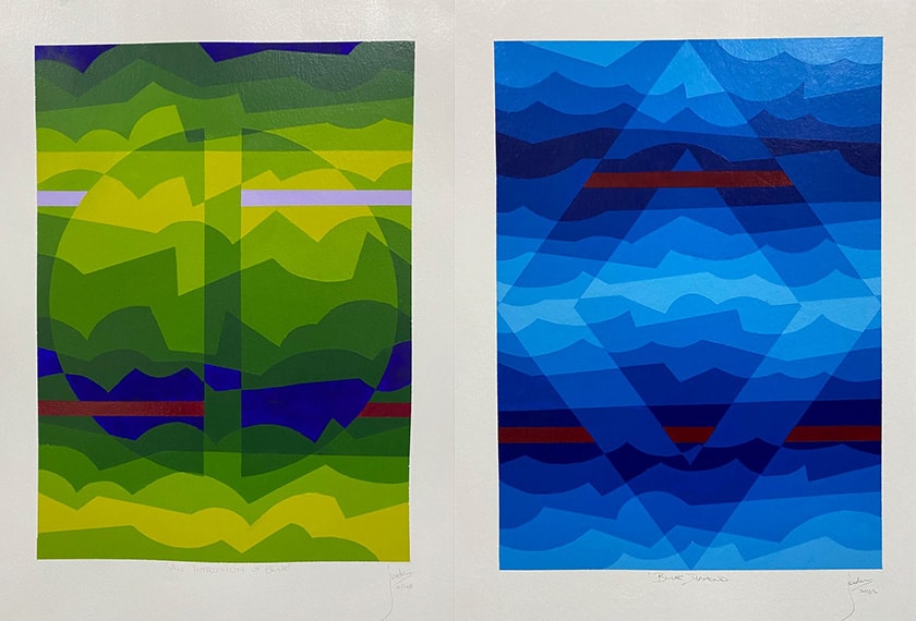 Two artworks by Col Jordan, an Intrusion of Blue and  Blue Diamond.