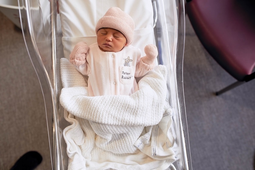Newborn asleep in hospital bassinet