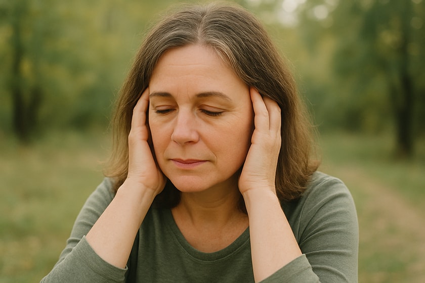 A person with their eye closed and hands over their ears.