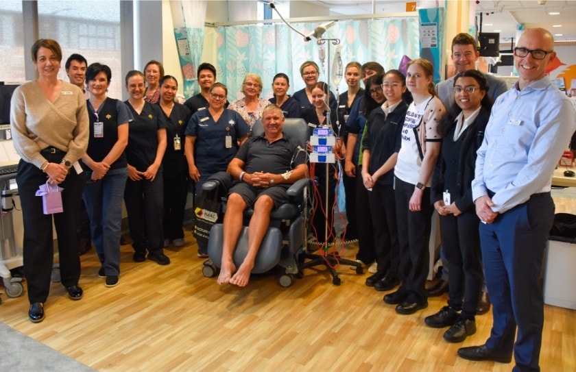 Midland Caregivers and support team, alongside Chemotherapy Patient, Anthony, gathered to commemorate the Charm® go-live at the public hospital.