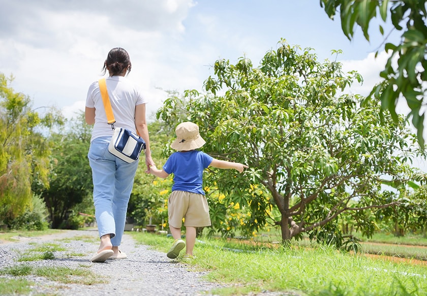 An adult and a child are walking in a park. The adult is holding the child's hand