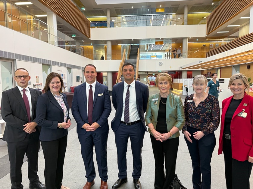 (L-R) SJGHC GCEO Bryan Pyne, Member for Hasluck Tania Lawrence MP, SJG Midland COO Royce Vermuelen, MLA for Midland Stephen Catania, SJGHC Board Chair Kerry Sanderson AC CVO, SJG Midland Director of Mission Integration Michele Allum, and Federal Labor Candidate for Bullwinkel Trish Cook.