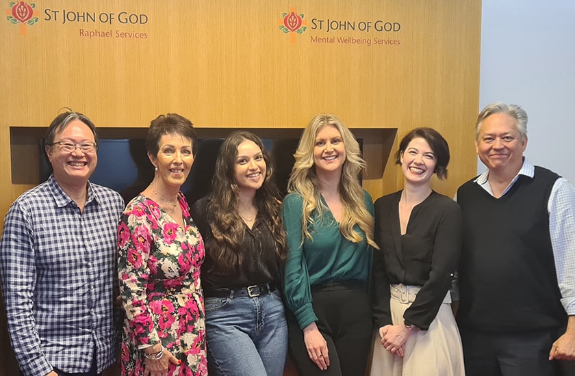 Students with caregivers from St John of God Mental Wellbeing Services and St John of God Raphael Services. From left, caregivers Chris and Leissa, students Iman, Liz and Angela, and caregiver Lloyd. 