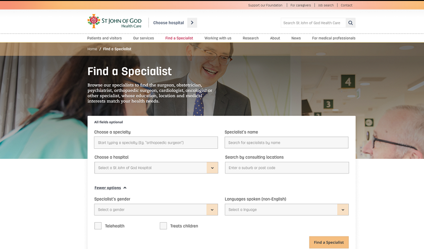 St John of God Health Care has recently upgraded its Find a Specialist website search