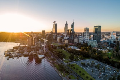 Perth CBD skyline at sunset