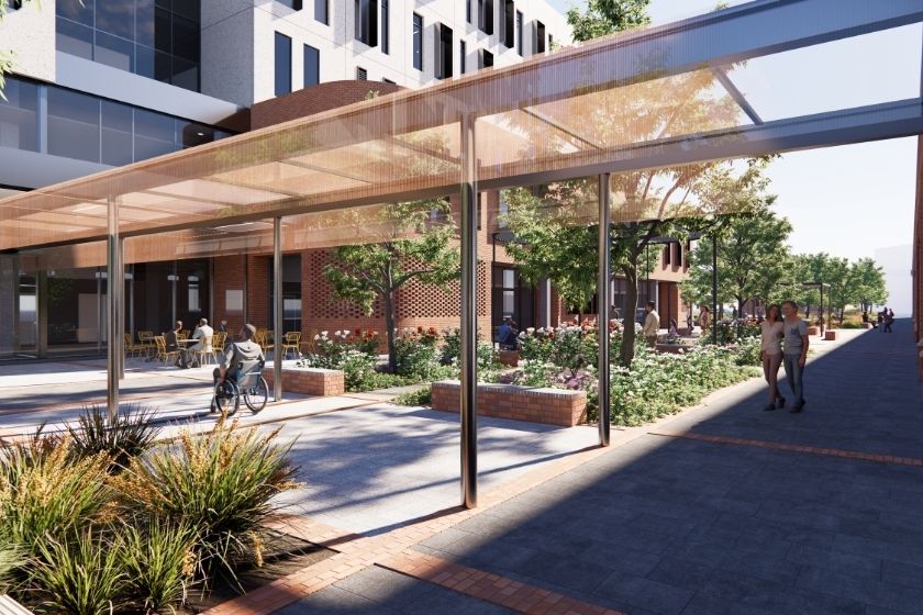 Render of the new St John of God Midland Private Hospital forecourt.