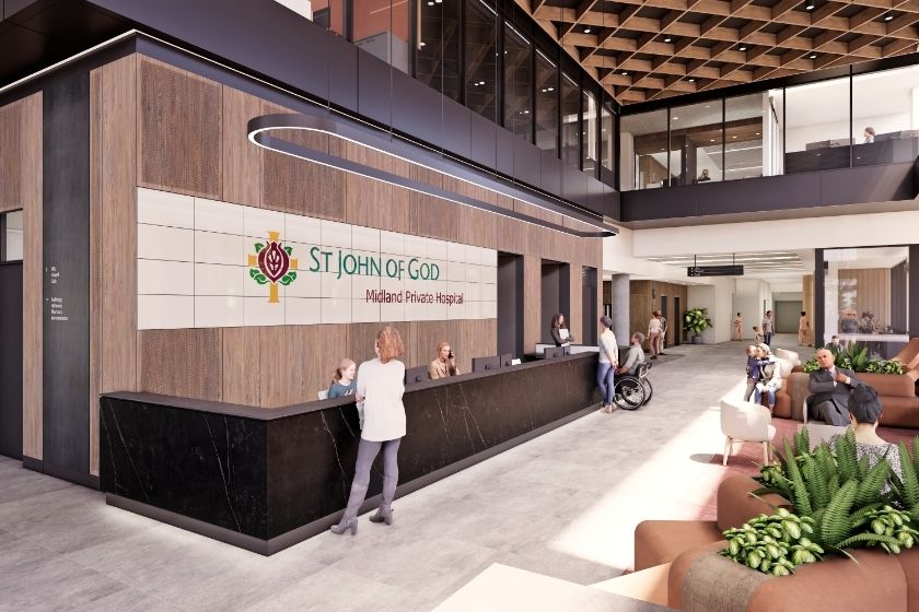 A render of the reception area of the new St John of God Midland Private Hospital.
