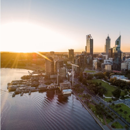 Perth CBD skyline at sunset