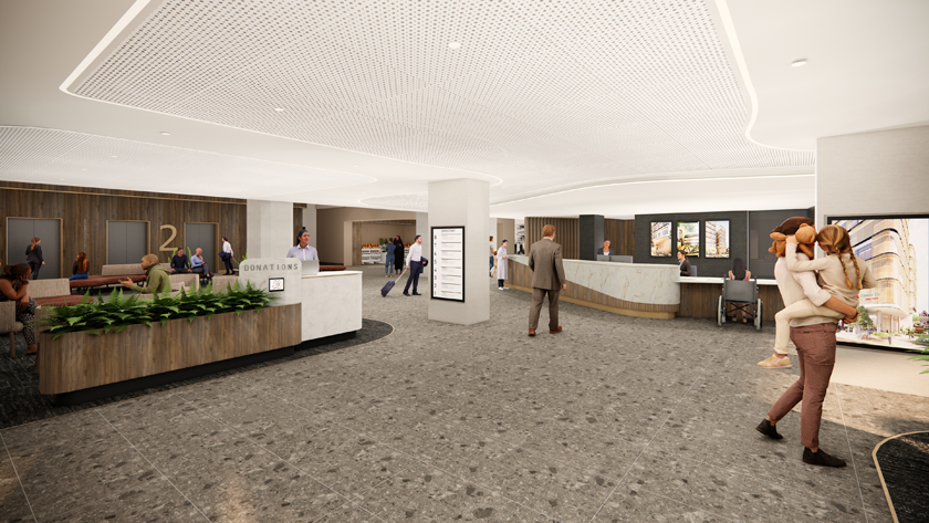 Artists impression showing the proposed upgraded main entrance lobby to St John of God Subiaco Hospital with planter boxes and main desk.