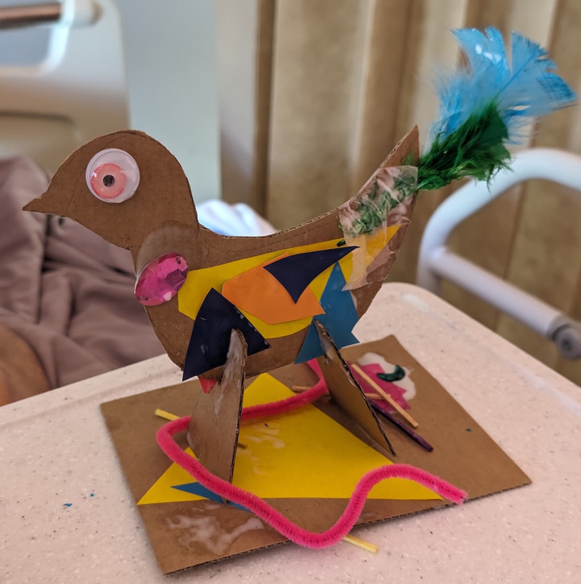 Image of bird sculpture create by patient in art therapy program