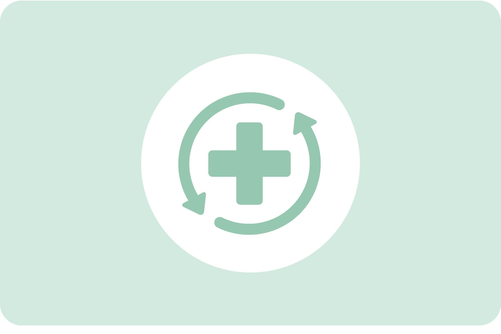Green graphic element of a medical cross with two arrows circling it