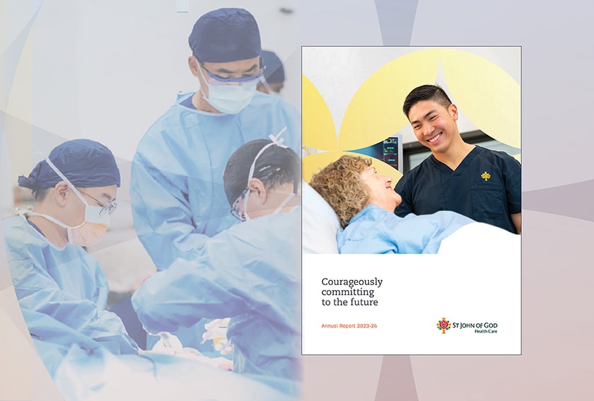 A graphic showing the cover of the St John of God Health Care Annual Report 2023-24