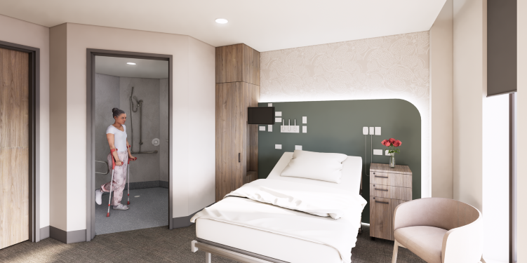 A computer rendering of a patient room in the new St John of God Midland Private Hospital showing a bed, bathroom and patient