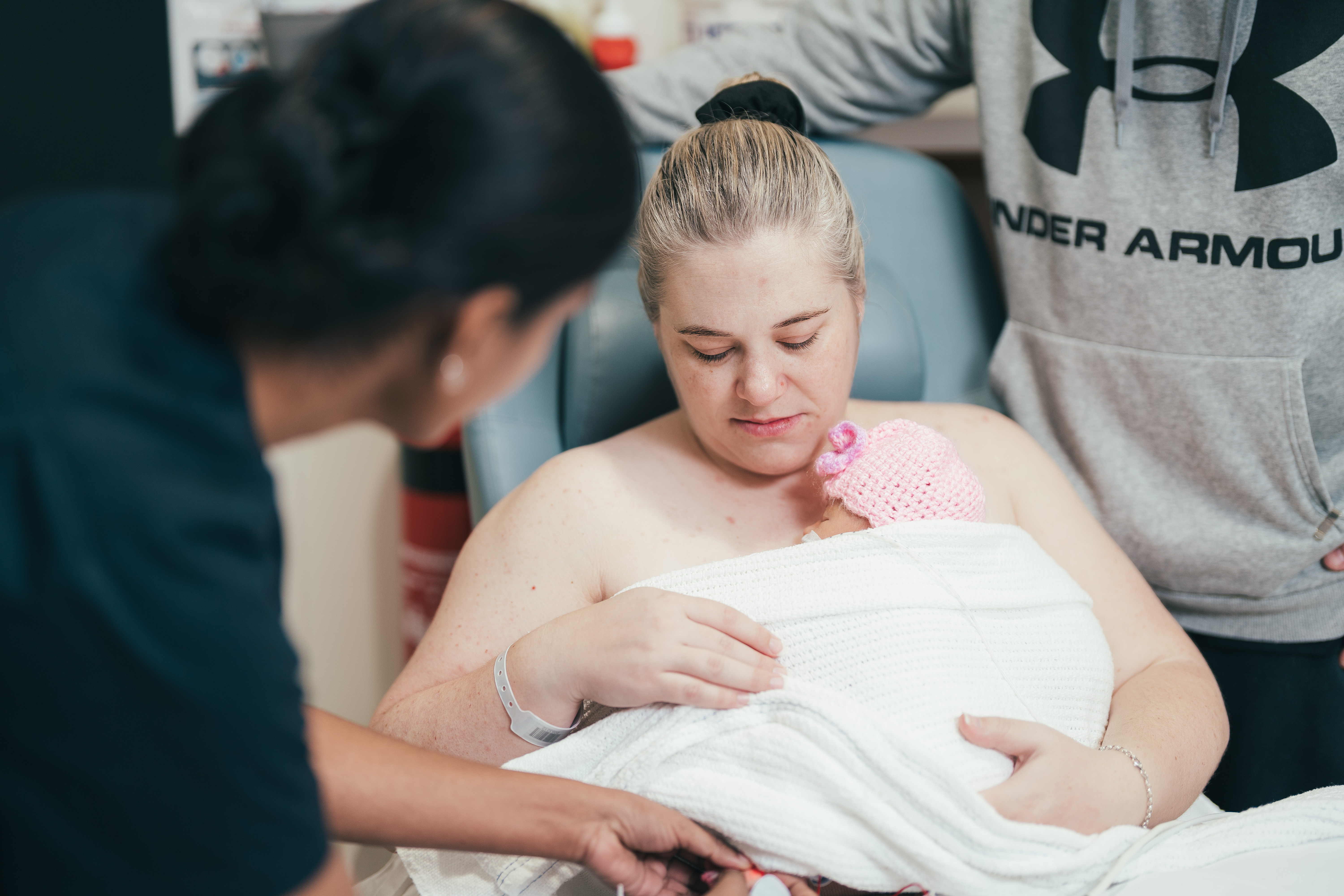 A newborn has skin-to-skin contact with mother post birth