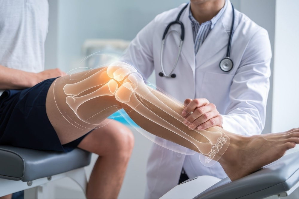 A doctor examines a patient's knee, with an anatomical overlay highlighting the knee joint and bones.