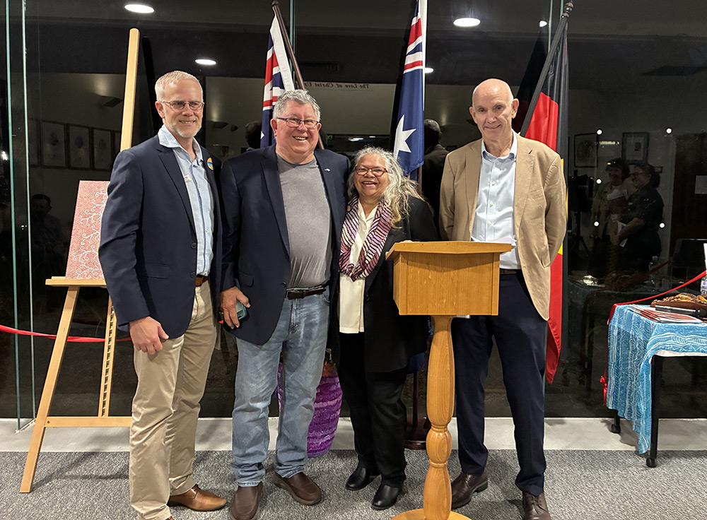St John of God Geraldton Hospital Director Mission Integration Jeremy Beckett, Carol Martin OAM and St John of God Geraldton CEO Phillip Balmer at the Midjie Exhibition