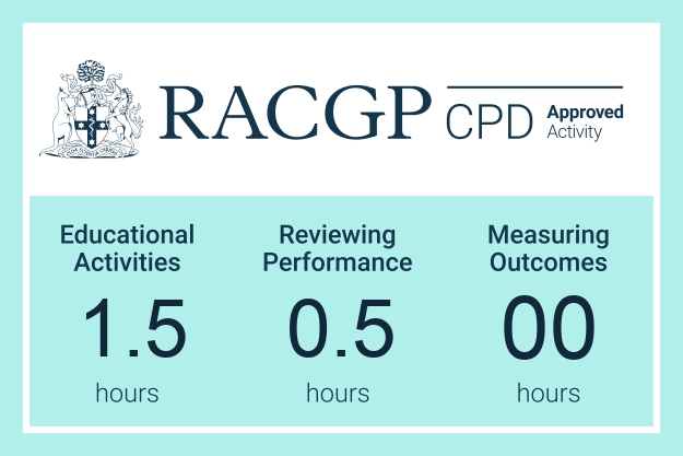 RACGP CPD approved activity Educational activities 1.5 hours, Reviewing performance 0.5 hours